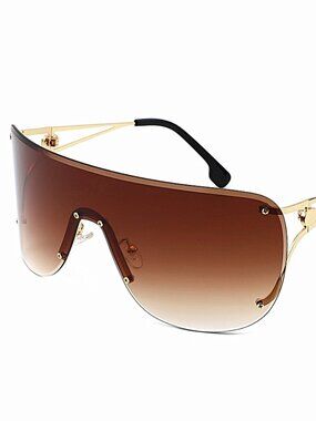 Oversized Rimless Shield Wraparound Sunglasses Amber